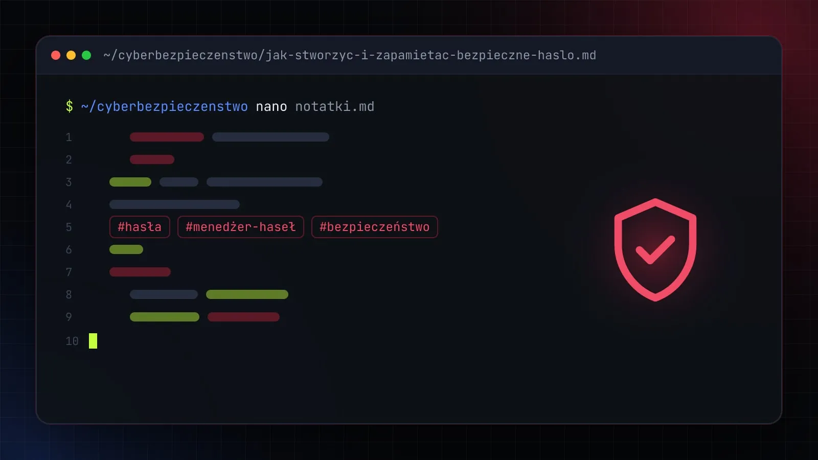 Ilustracja do artykułu „Jak stworzyć i zapamiętać bezpieczne hasło? Metoda frazy, menedżer haseł i 2FA” — okno edytora z ikoną działu Cyberbezpieczeństwo